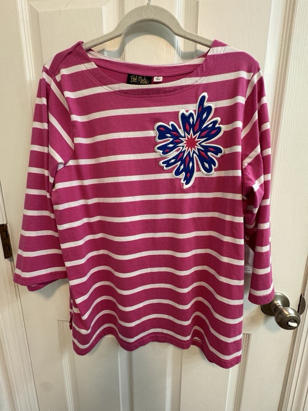 Bob Mackie XL Pink White Stripe Top 3/4 Sleeves Scoop Neck Blue Embroidered